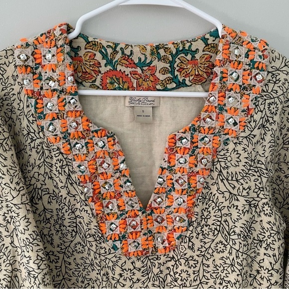 Lucky Dashiki Shift Dress V-Neck 3/4 Sleeves Embroidered Beaded Boho Sz S - Picture 3 of 11